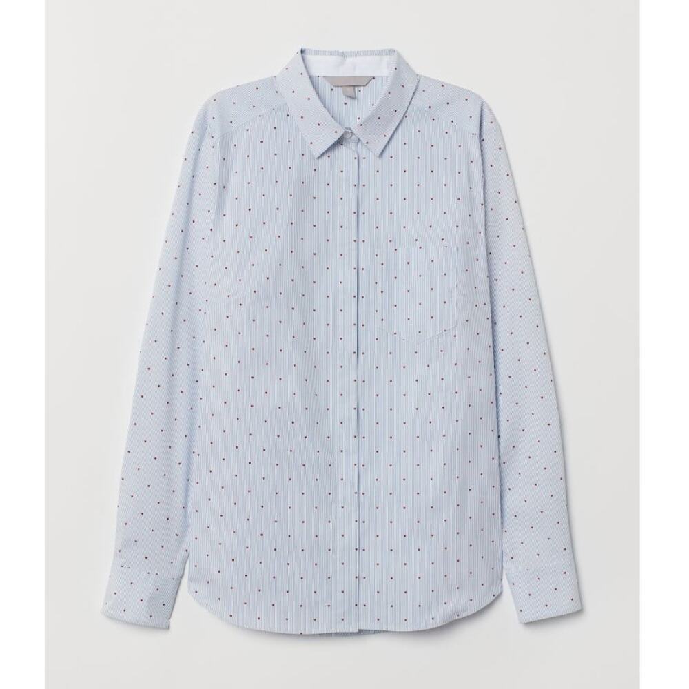 H&M Blue Fitted Shirt Light Blue Striped Hearts Long Sleeve Button-Down Size 2